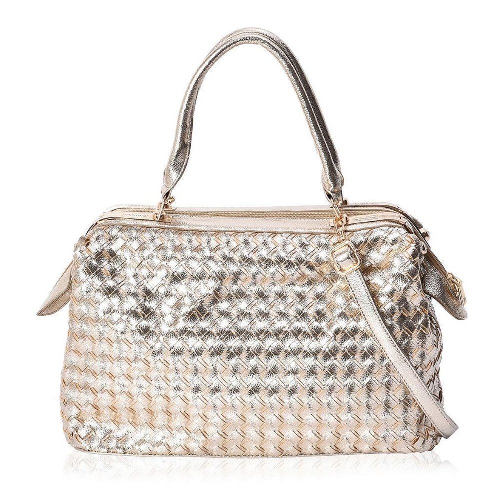 Golden Faux Leather Woven Rhinestone Tote Bag